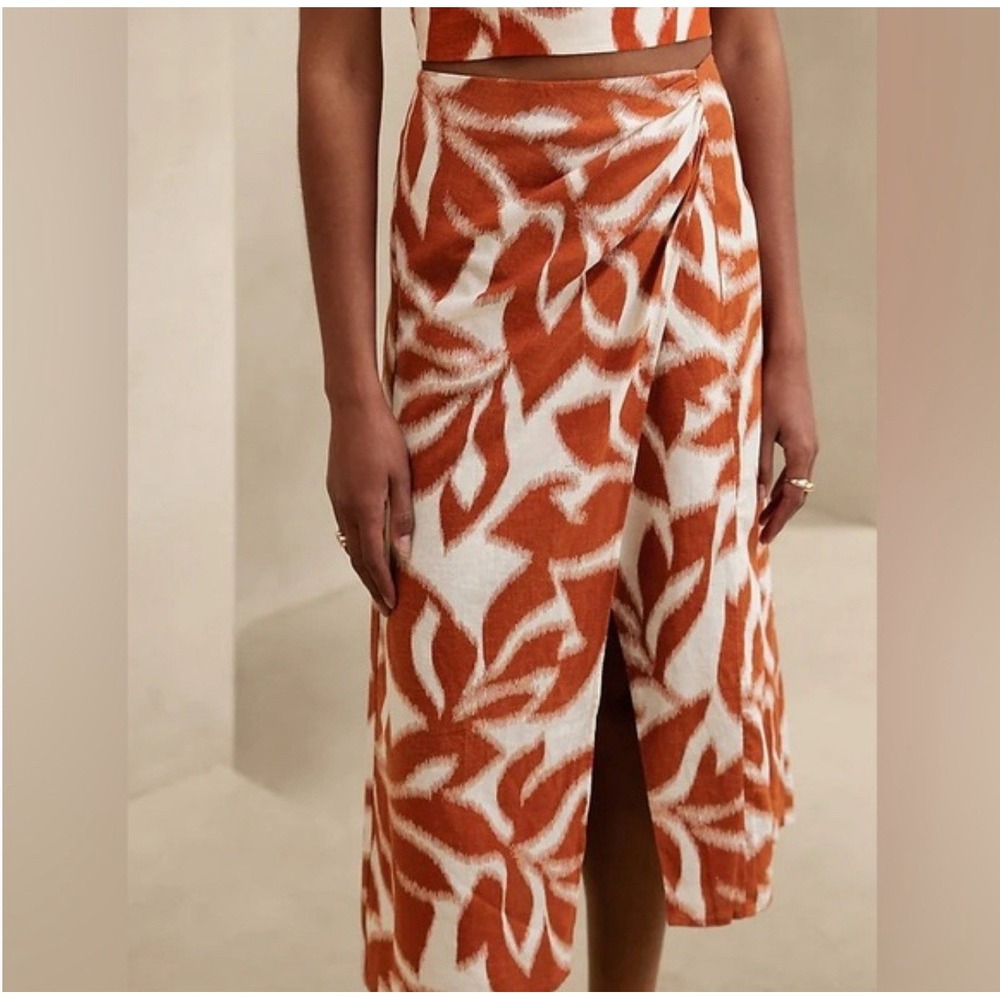 Banana Republic Linen Blend Abstract Print Tulip Midi Skirt Orange Boho Size 14